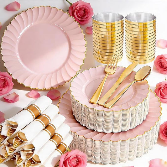 YOUBET 350PCS Pink Scalloped Plastic Plates - Pink and Gold Disposable Dinnerware Set Include 100 Plates, 150 Gold Silverware, 50 Cups, 50 Napkins for Wedding & Party Valentines Day