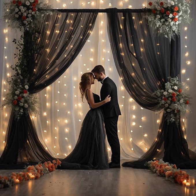 20x10ft Black Tulle Backdrop Curtain with Lights String for Parites, Sheer Photo Backdrop Curtains with Lights for Wedding Backdrop Ceremony Reception Bridal Shower Baby Shower Birthday Party