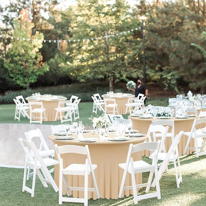 2 Pack Champagne Round Spandex Tablecloth 60 Inch, Wrinkle Free Stretch 120 Inch Round Fitted 5ft Tables, Ruffle Skirt Table Covers for Wedding Party Banquet