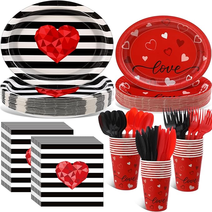 350 Pieces Valentine's Day Dinnerware - Valentines Plates and Napkins Paper Cups Plastic Forks Spoons Knives, Red and Black Love Heart Tableware Set for 50 Guests Valentine Party Supplies