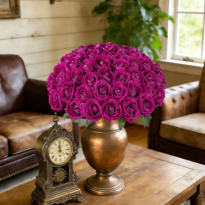 50 PCS Roses Artificial Flowers, Fake Roses with Stem Realistic Magenta Silk Roses for DIY Wedding Bouquets Table Centerpieces Arrangements Baby Shower Birthday Home Decor Valentine's Day Gift for Her