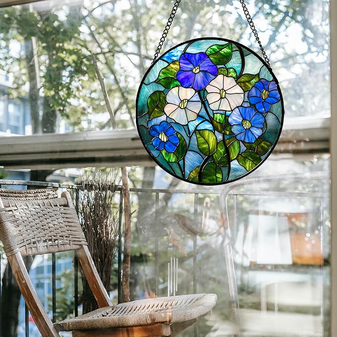 Stained Glass Window Hanging - Blue White Morning Glory Birth Flower Suncatcher for Door Garden Yard Sun Catchers Decor Christmas Mother's Day Birthday Gifts for Women Mom Nana Friend 11.8 in