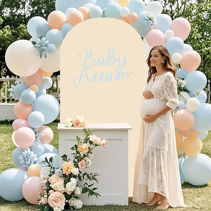 FOTSHARER 7.2FT Metal Arch Backdrop Stand with Beige Arch Cover Wedding Balloon Arches Stands Spandex Fitted Arched Backdrop Stand Cover for Baby Shower Birthday Party Graduation Ceremony Decor