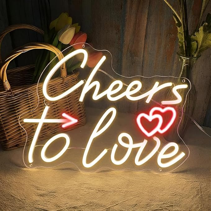 Cheers To Love Neon Sign, Warm White LED Neon Light for Wedding, Engagement Party & Anniversary, Valentine’s Day Decorations, Celebratory Wall Art for Date Night & Party Backdrop Decor 16.5"x11.8"