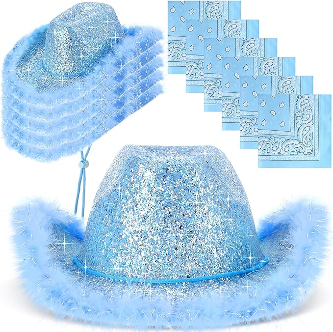 Coume 12 Pcs Sparkly Adults Cowboy Hat and Bandanas Women Men Western Glitter Cowgirl Party Hats with Adjustable Drawstring
