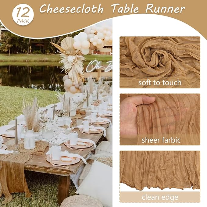 12 Pack 10Ft Cheesecloth Table Runner 35x120 Inch Boho Gauze Table Runner Rustic Cheese Cloth Long Table Runner Romantic Table Runner for Wedding Bridal Shower Birthday Party Table Decor (Nude)