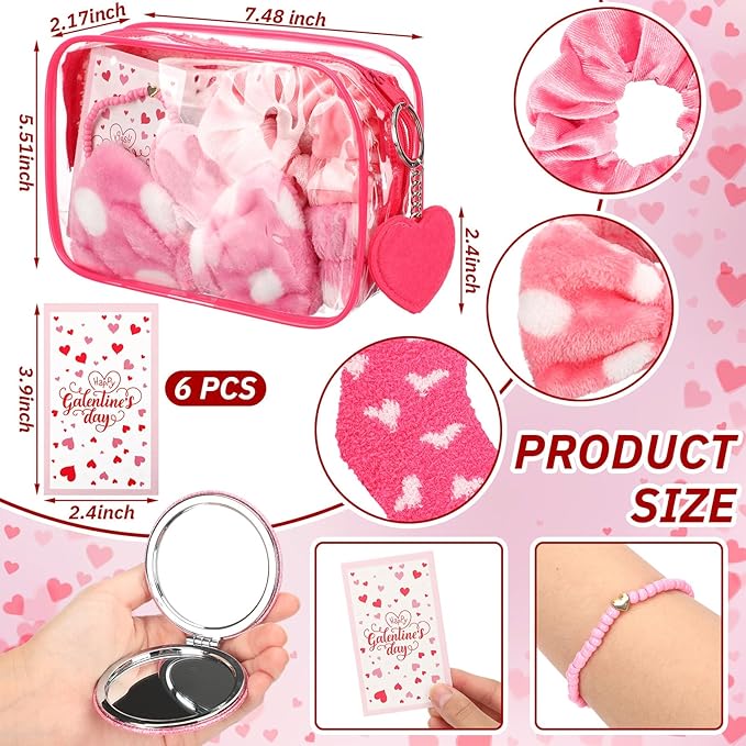 48 Pcs Galentine's Day Gifts Valentine's Pink Gift for Women Include Fluffy Socks Compact Mirrors Makeup Bags Headbands Scrunchies Greeting Cards Heart Keychains Bracelet for Party Supply