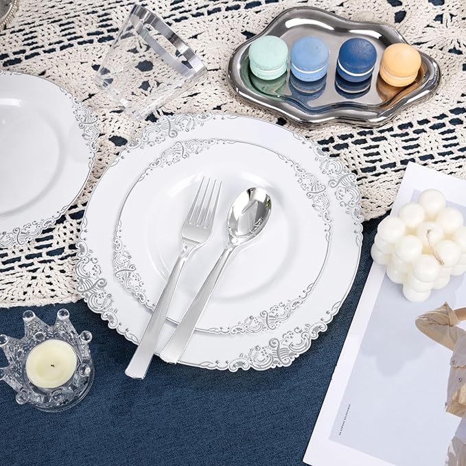 YOUBET 600PCS Silver Plastic Plates - White and Silver Disposable Plates - Silvery Plastic Dinnerware Set - Include 200 Plates, 300 Heavy Duty Silverware, 100 Cups for Wedding & Party