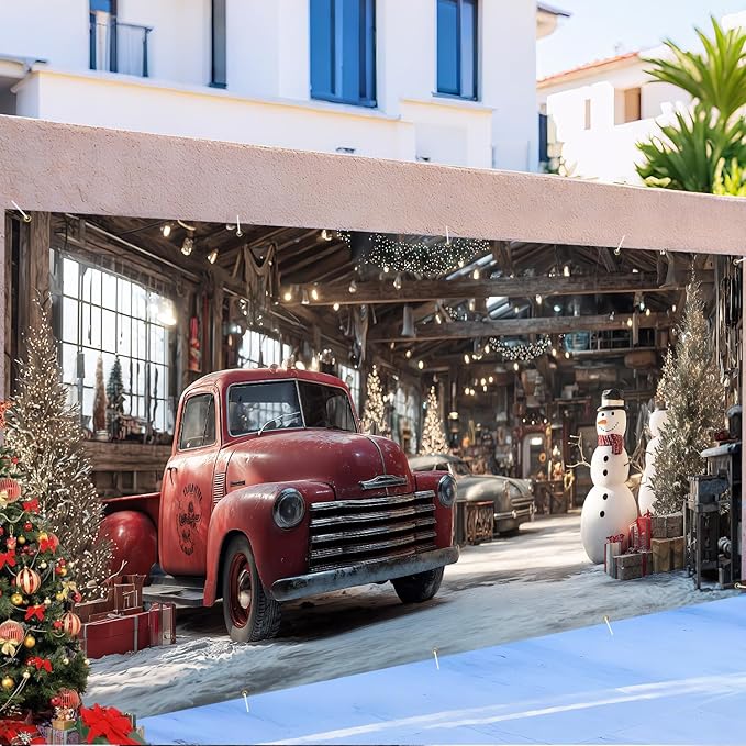 Christmas Garage Door Banner 7x16FT, Vintage Red Truck and Snowman Garage Cover, Outdoor Xmas Decorations for Garage Doors Driveways Holiday Parties