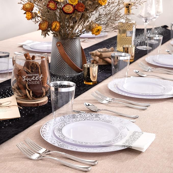LIYH 700 Pcs Silver Plastic Disposable Dinnerware Set for 100 Guests - Plastic Plates for Party Includes Disposable Plates, Cups, Wedding Napkins and Cutlery Elegant White & Silver