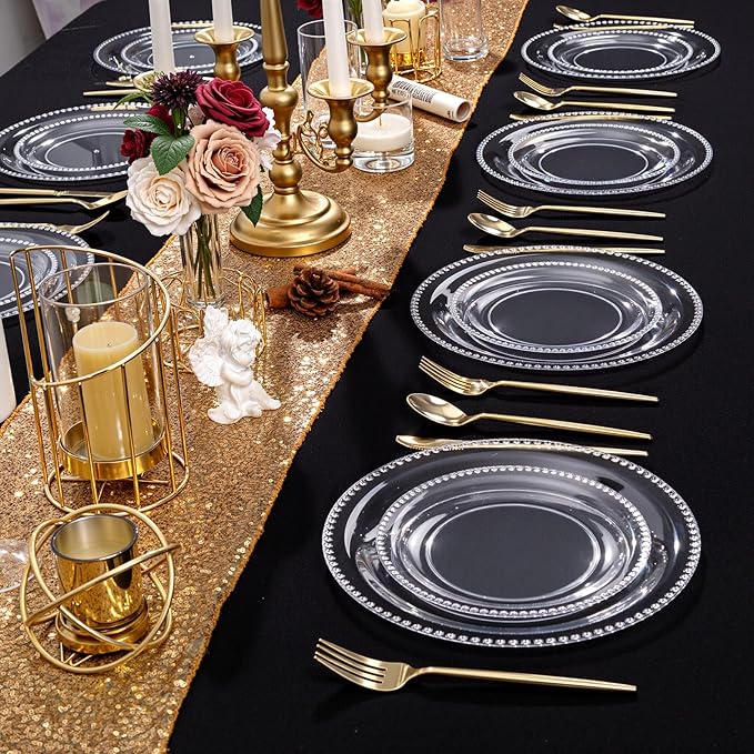 Rubtlamp 60Pcs Clear Plastic Plates, Clear Disposable Plates With Beaded, Heavyduty Plates Include 30 Dessert Platos, 30 Dinner Platos for Wedding Party
