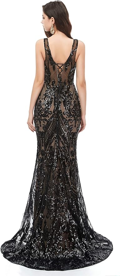 Women's Double V-Neck Sequins Lace-up Mermaid Evening Dress