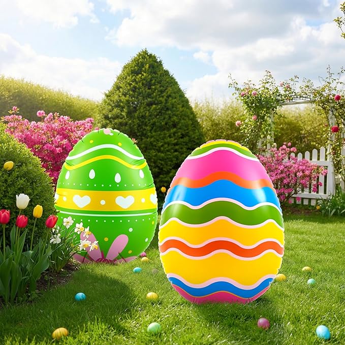 Liliful 2 Pcs 40inch Giant Easter Inflatables PVC Decorations Standing Blow up Colorful Easter Egg Rabbit Bunny Outdoor Decor for Holiday Party Yard Indoor Outdoor Garden Lawn (Wave Heart)