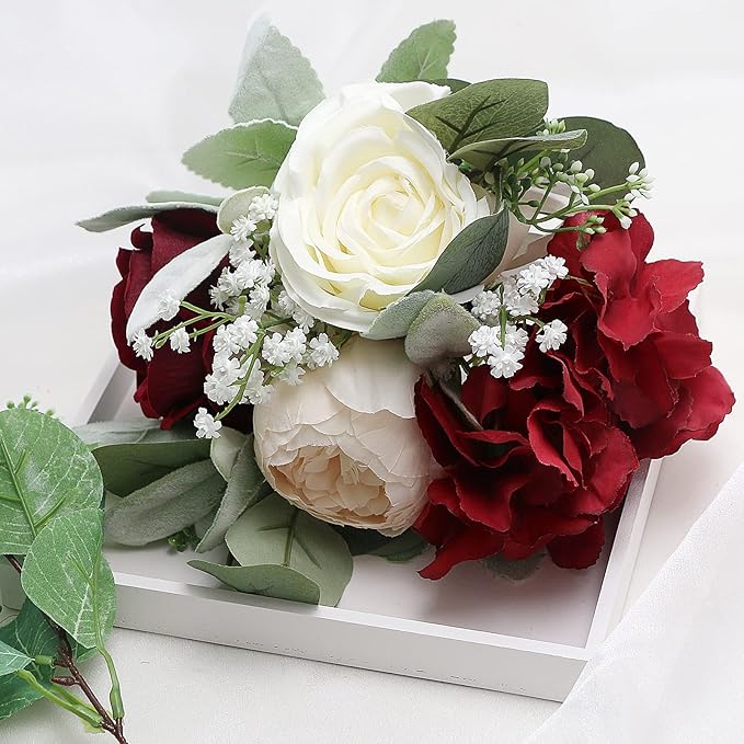 Artificial Flowers Bridesmaids Bouquets Set of 6 - Burgundy and White Bridesmaid Bouquet Handmade Small Silk Rose Floral Bouquet for Wedding Bridal Shower Anniversary Marriage Proposal -7 Inch