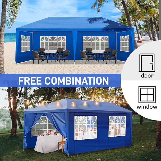 Party Tent for Outdoor Wedding, Birthday, Event, Patio Gazebo, Carport Canopy Shade With Removable Sidewalls & Transparent Window (10'x20'/6 Sidewalls Blue)