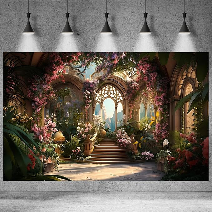 Scenery Photography Backdrop Blooming Flowers Background Garden Arched Door Wedding Bridal Shower Engaged Theme Party Background Lover Adult Wedding Photo Studio Props Backdrop 12x8ft