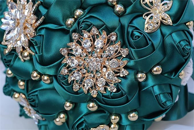 Bridal Wedding Bouquet for Bride Bridesmaid Wedding Quinceanera Throw Toss Artificial Rose Flower Bunch with Bling Brooch (07G#Dark Green, Small (Dia. 7.5"/18cm))