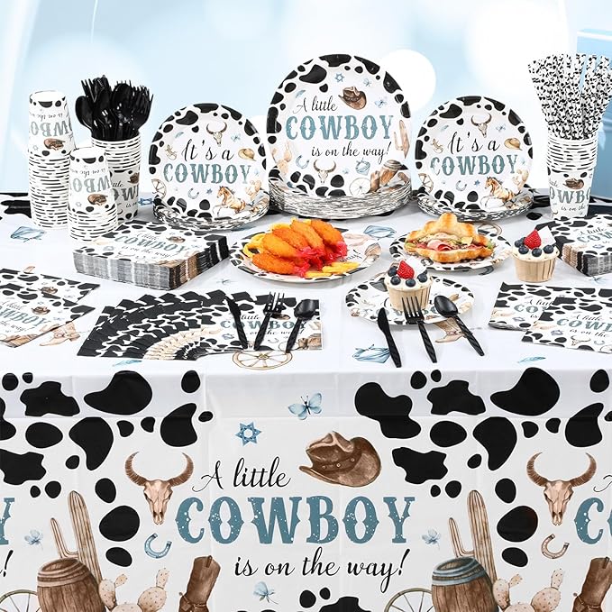 452 Pcs Cowboy Baby Shower Party Decorations Include a Little Cowboy Is on the Way Paper Plates Napkins Cups Tablecloth Cutlery Straws for girl Girl Baby Shower Party Supplies