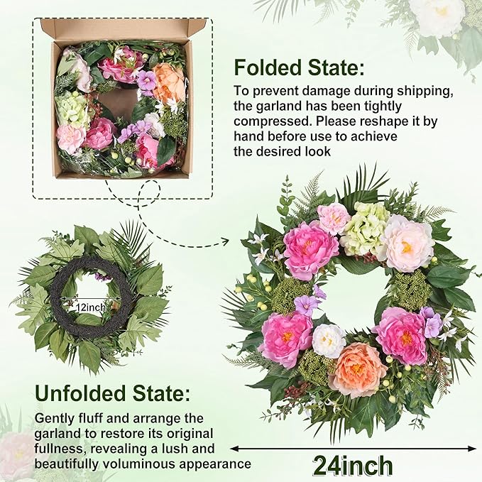 24 Inch Spring Wreath for Front Door with Peony Hydrangea Silk Flowers with Berry Greenery for All Seasons Porch Wedding Wall Farmhouse Porch Wall Living Room Home Widding Decor