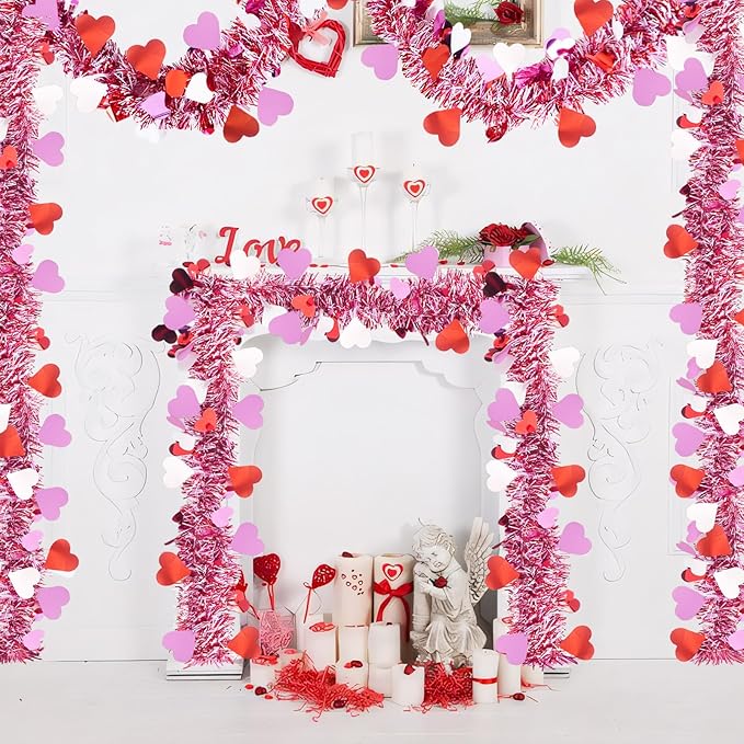 196 FT Valentines Heart Tinsel Garland, Valentine's Day Red Pink White Metallic Twist Garland for Home Wedding Party Hanging Decorations