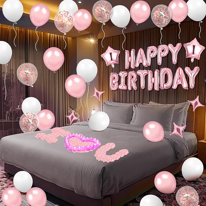 Pink Happy Birthday Balloons Decorations Pink White Birthday Balloon Letters Banner with 6 Pcs Star Balloons Artificial Rose Petal 24 Flameless LED Candles for Room Hotel Party Decorations Supplies