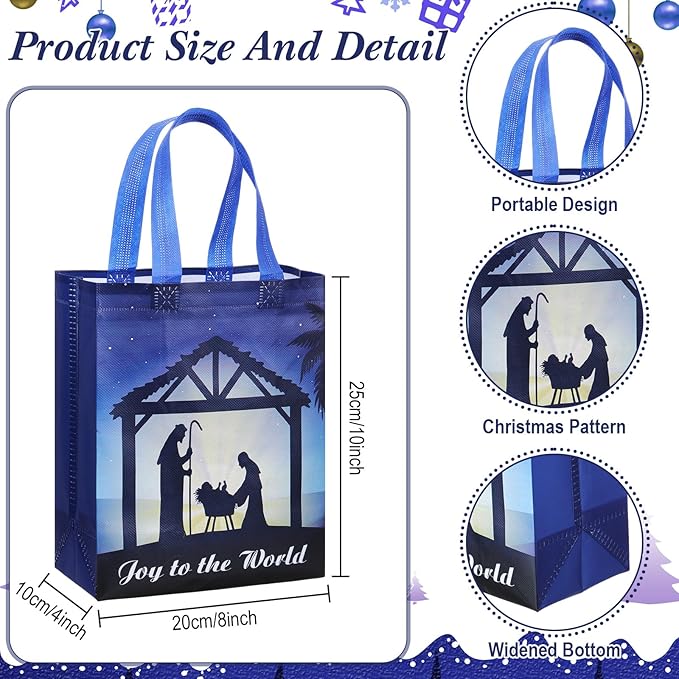 Wesnoy 48 Pcs Nativity Christmas Gift Bags Bulk 10 x 8 x 4 Inch Reusable Non Woven Jesus Goodie Bags with Handles- Large Christian Candy Treat Totes for Religious Holy Night Holiday Party Favor