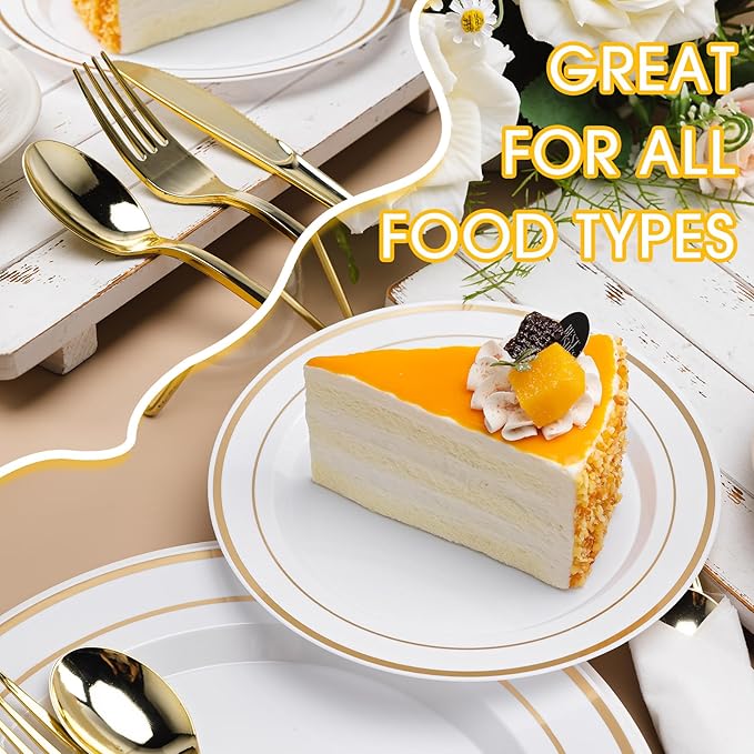 350 PCS White and Gold Plastic Dinnerware Set for 50 Guests, Disposable Party Plate for 50 Guests, Include: 100 Plastic Plates, 50 Pre Rolled Napkins with Gold Silverware, 50 Cups