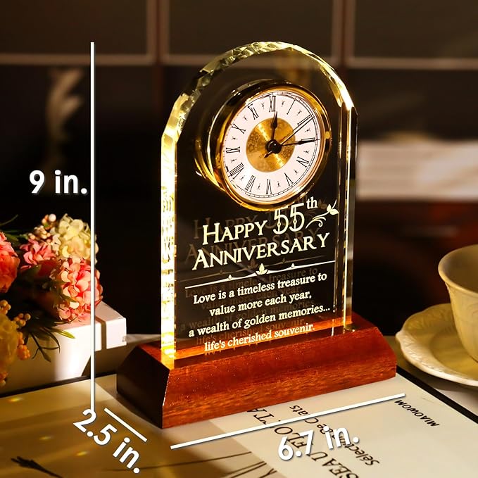 YWHL 55th Wedding Anniversary Clock Gifts for Parents Grandparents, 55 Years for Couples, Table Clock Glass Presents with Wooden Light Base for Home Decoration (Battery not Included)