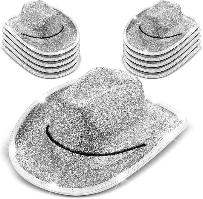 Kigeli 10 Pcs Lights LED Cowboy Cowgirl Hat LED Flashing Hat Cowgirl Hat for Western Cowboy Role Play(Silver,Sequin)