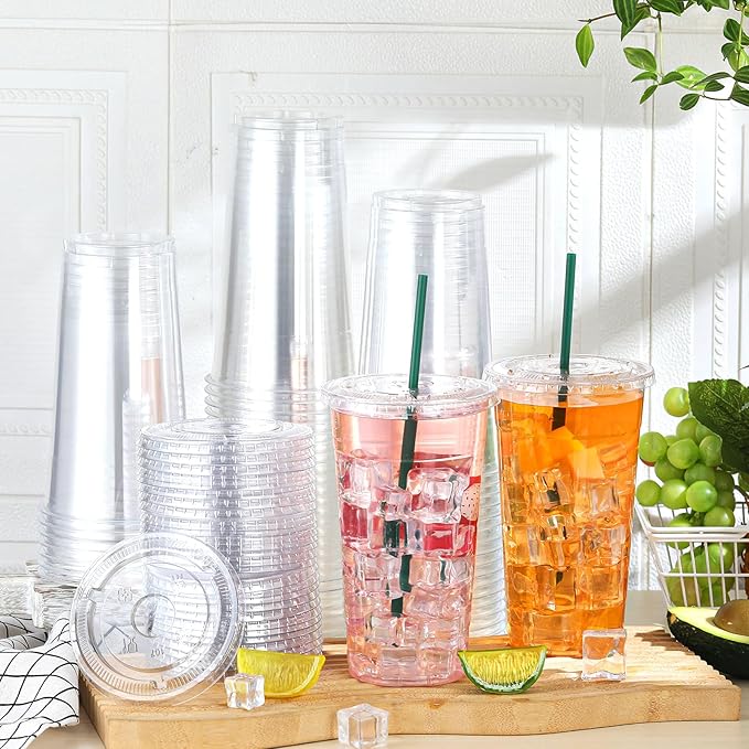 Hushee 500 Sets 16 oz Clear Plastic Cups with Lids and Individually Wrapped Straws Disposable Pet Cups for Iced Coffee Cold Drinks Smoothie Juice Parfait Milkshake Parties