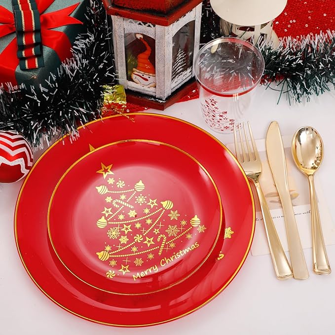 LIYH 150 Pcs Red Plastic Christmas Plates - Disposable Dinnerware Set, Christmas Plastic Plates, Red Silverware Set, Disposable Xmas Cups 10 OZ Holiday Tableware Dishes for Xmas Day 25 Guests