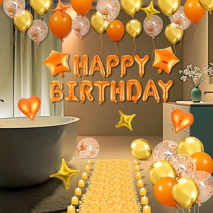 Orange Birthday Balloons Decorations Orange Happy Birthday Balloon Letters Banner with 6 Pcs Star Balloons Artificial Rose Petal 24 Flameless LED Candles for Room Hotel Party Decorations Supplies