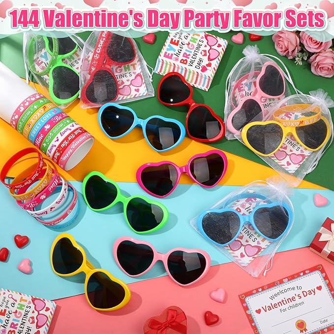 36 Set Valentines Day Gifts for Kids Heart Sunglasses with Valentines Cards Silicone Bracelet Wristbands School Classroom Exchange Gifts Party Favor for Girls Boys