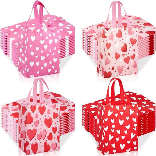 Wesnoy 48 Pcs Valentine's Day Gift Bags Bulk Reusable Medium Non Woven Heart Snack Candy Goodie Treat Tote Bags with Handle for Galentines Event Party Favor Gift Wrap,10 x 8 x 4 Inch
