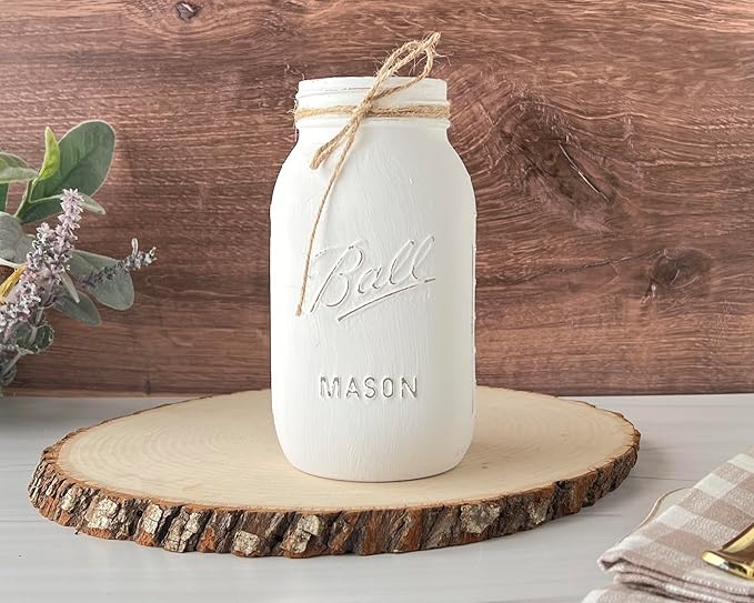 White Mason Jars Centerpieces for Tables, Set of 5-32 oz Hand-Painted Mason Jars for Wedding, Baby Shower, Bridal Shower - Rustic White Centerpieces for Tables Party (5 White Jars - No Flowers)