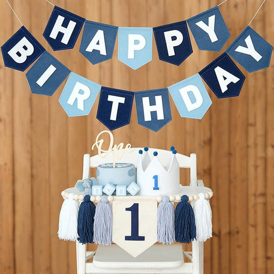 Felt Navy Blue Happy Birthday High Chair Banner Pre-Strung Birthday Hanging Decoration For Baby Boy 1st Birthday Party Decorations