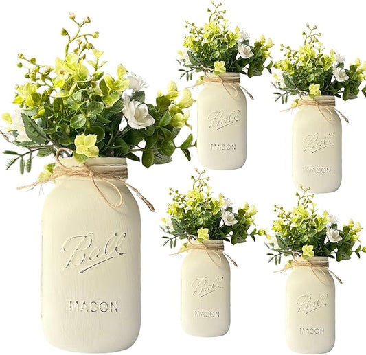 Flower Centerpieces for Tables Bulk - Ivory Mason Jar Centerpieces for Tables, Set of 5-32 oz Hand-Painted Mason Jars - Rustic Bridal Shower Decor for Tables Wedding (5 Ivory w/Greenery/Ivory)