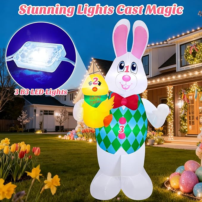 Danxilu 5 Foot Easter Inflatables Outdoor Decorations, Cute Blow Up Bunny Holding Chick for Outside, Built in LEDs Spring Holiday Inflatable Yard Decoration for Party Indoor Garden Lawn