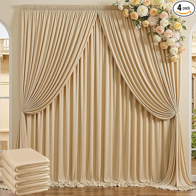 20ft x 10ft Wrinkle Free Beige Backdrop Curtains for Parties Weddings, 4 Panels 5×10ft Soft Silk Polyester Photo Backdrop Drapes for Birthday Baby Shower Baptism Photo Photography Background Cloth