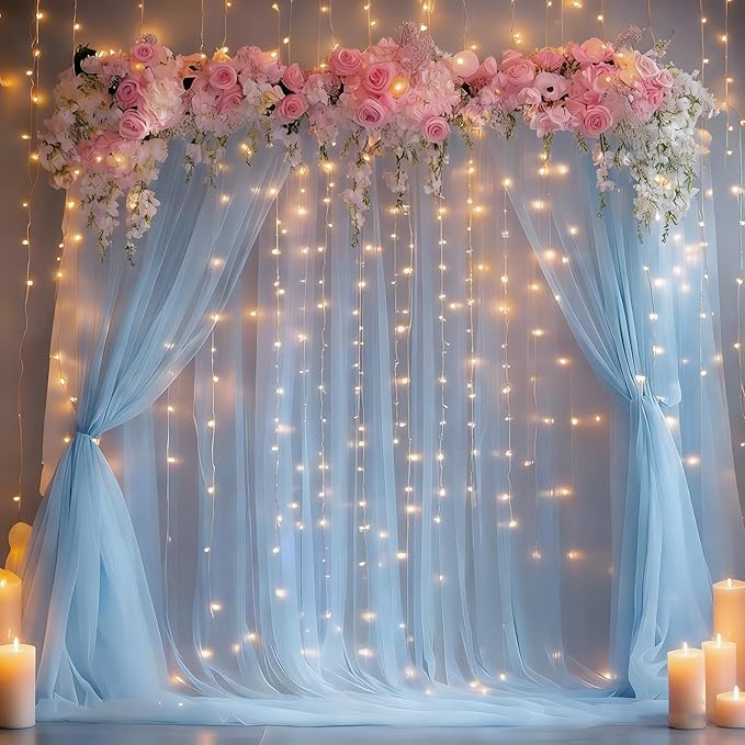 30x10ft Baby Blue Tulle Backdrop Curtain with Lights String for Parites, Sheer Photo Backdrop Curtains with Lights for Wedding Backdrop Ceremony Reception Bridal Shower Baby Shower Birthday Party