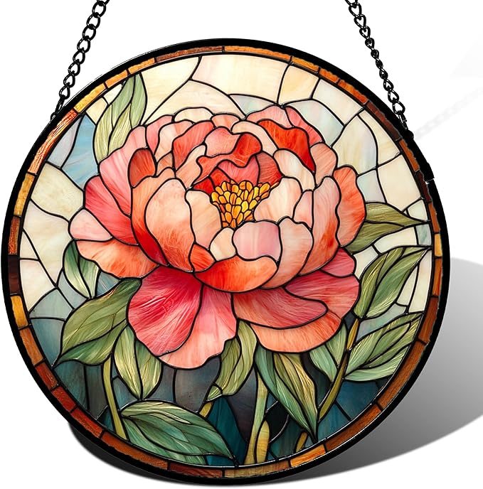 Stained Glass Window Hanging - Pink Peony Floral Suncatcher for Door Garden Yard Birth Flower Sun Catchers Decor Christmas Mother's Day Birthday Gifts for Women Mom Nana Wife Teacher 11.8 in