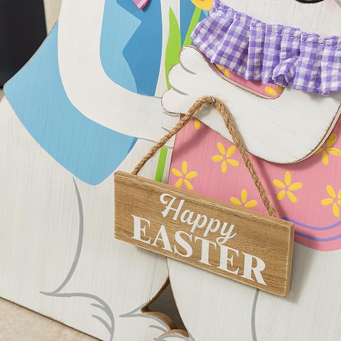 Glitzhome Set of 2 24"H Easter Wooden Bunny Porch Decor,Vertical Welcome Sign for Front Door Outdoor Spring Easter Party Decor