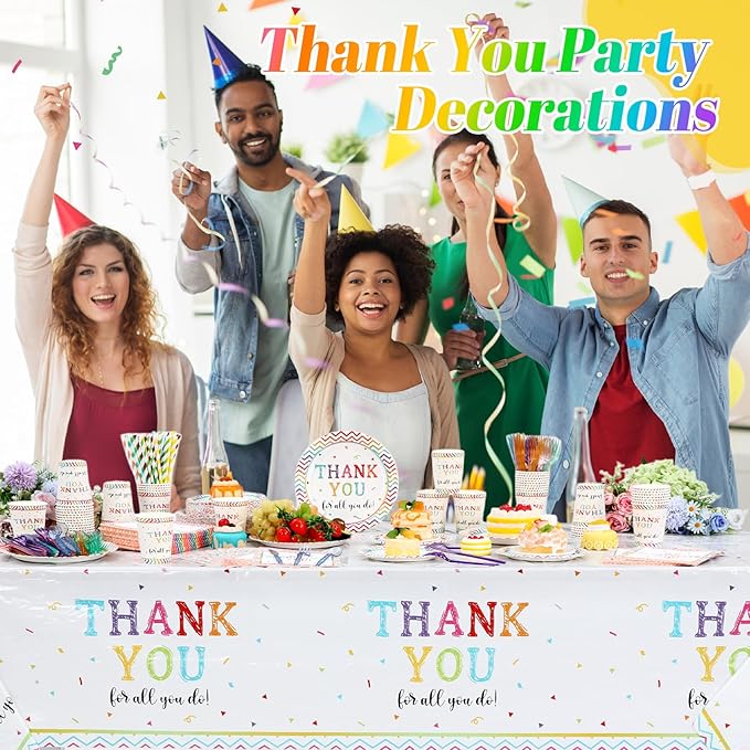 452 Pcs Thank You Party Decorations for 50, We Appreciate You Paper Plates Napkins Cups Tablecloth Cutlery Straws for Employee Staff Housekeeping Week Pastor Appreciation Party Supplies