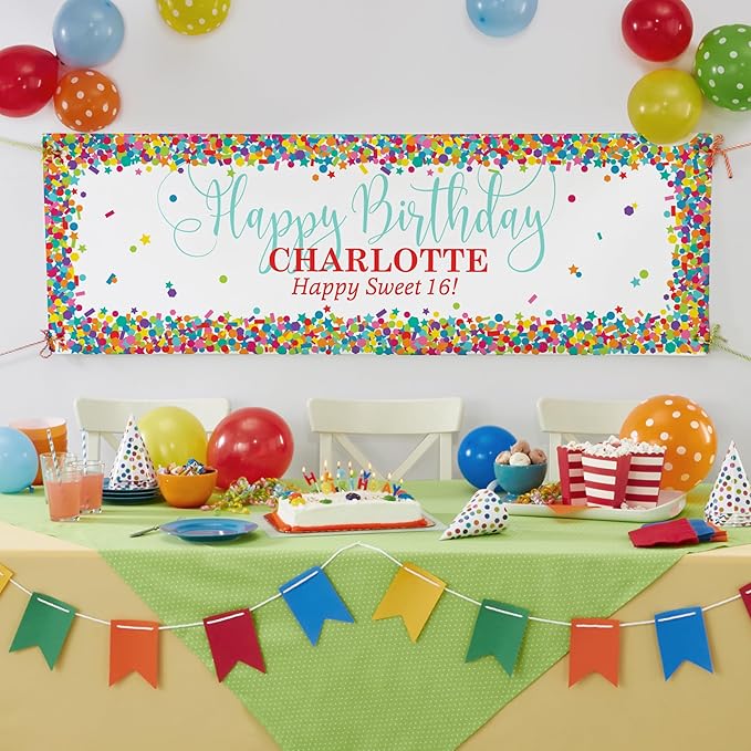 Let's Make Memories Personalized Happy Birthday Banner for Kids - Custom Colorful Party Decorations - Indoor/Outdoor Vinyl - Any Text - Happy Birthday Confetti - 10ft