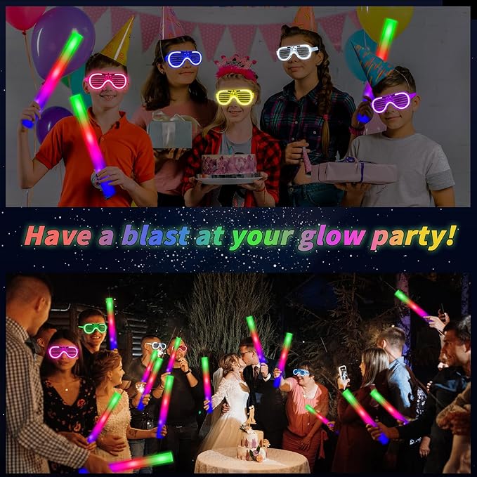 Glow in the Dark Party Supplies Set Bulk Neon Party Favor Toys Includes 30 Led Light up Glasses 10 Color 30 Light up Foam Sticks Bulk for Disco Wedding Birthday Concert Halloween Raves Party