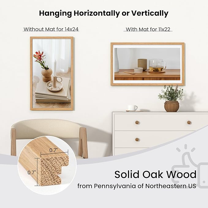 Axeman 14x24 Picture frame with mat for 11x22, Tempered Glass and Hanging Hardware Included Natural Oak Home Decor Art Hanging Poster Frame, Natural Oak