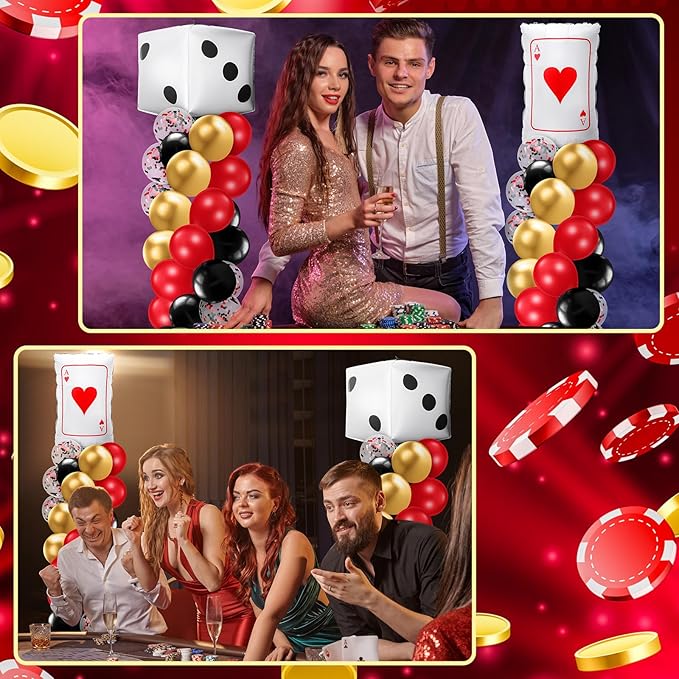 Kasyat 2 Set Casino Balloon Column Stand Kit Adjustable Red Black Gold Dice Poker Foil Balloons Arch Garland Kit for Birthday Casino Night Las Vegas Theme Party Decorations