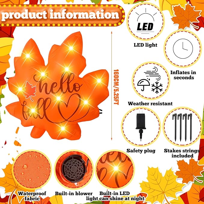 VIHOSE Thanksgiving Inflatable Decorations 5. 25 ft Fall Blow up Decor Fall Maple Leaves LED Lights Inflatable Decoration for Autumn Harvest Indoor Outdoor Yard Garden Lawn Party