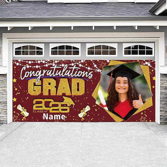 Custom Garaduation Garage Door Banner Cover 16 x 7 ft Class of 2026 Congrats Grad Party Backdrop Personalized Graduation Decoration(Maroon and Gold)