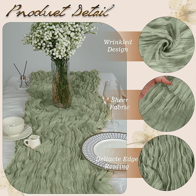 16Pack Green Cheesecloth Table Runners – Boho Gauze Vintage Table Decor, 120 Inch Long Rustic Cloth Runner for Wedding, Bridal Shower, Birthday, Romantic Party 10Ft (Dusty Green, 24" x 120"-16Packs)